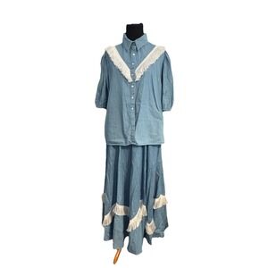 VTG PARTNERS PLEASE MALCO MODES Square Dance Western Fringe Denim Shirt Skirt LG